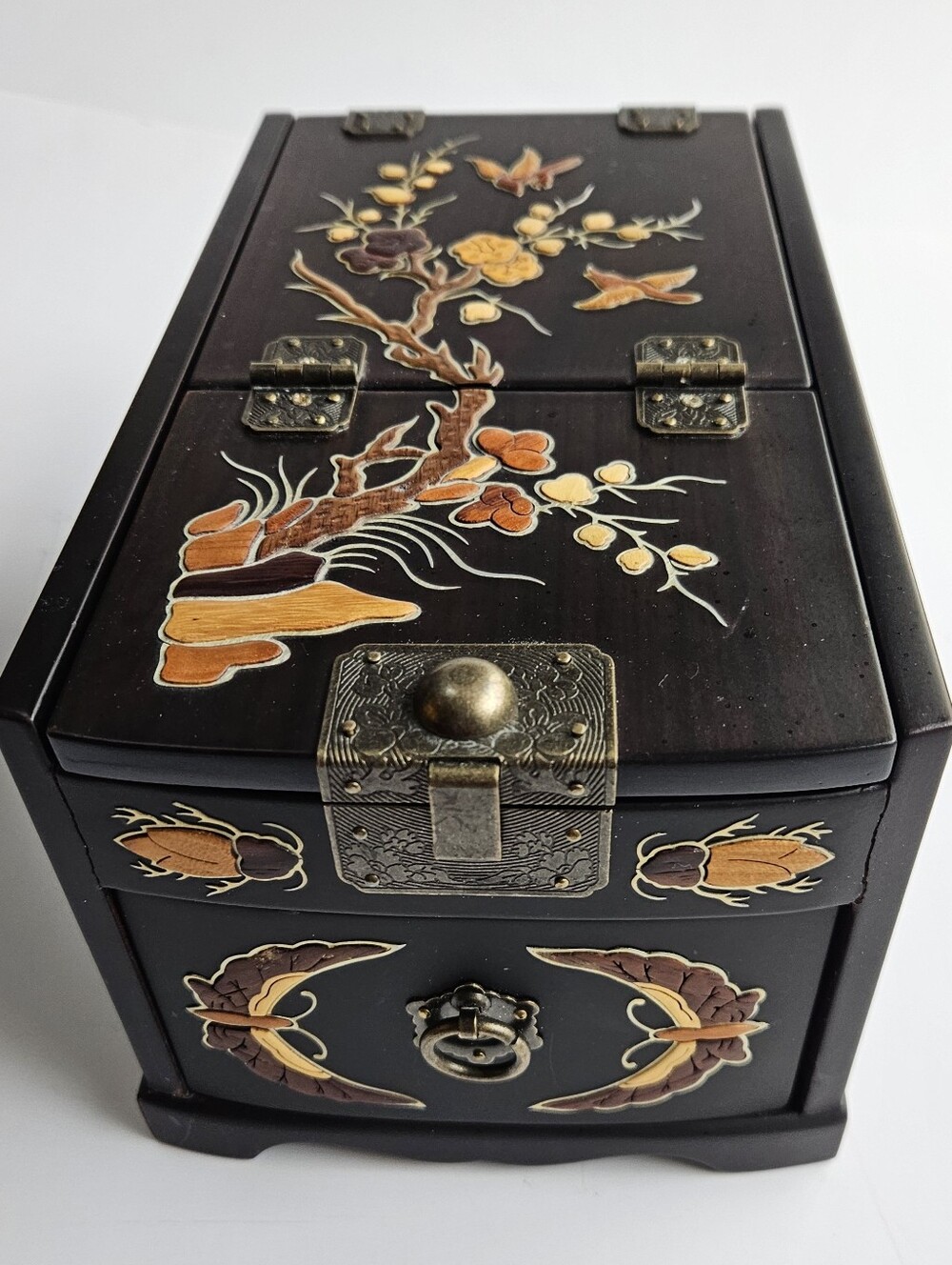 Vintage Dark Wood Floral Inlay Jewelry Box Brass Tone Hardware